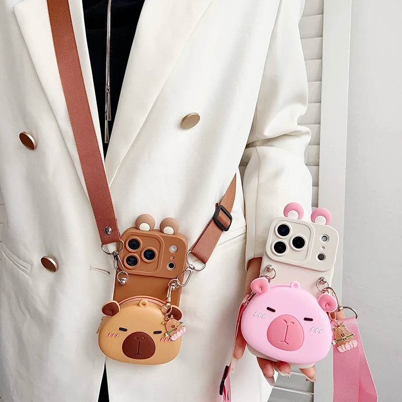 For iPhone 17 16 15 14 13 12 11 XR Xs 6 6s 7 8 SE Pro Max mini Plus e Capybara head Wallet Case With Accessories