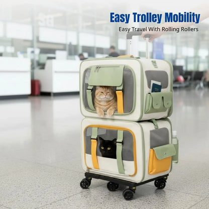 Home Cat Carrier Backpack, Dual-Compartment Pet Trolley, Spacious, Portable, Airline Travel Luggage for Multiple Cats and Dogs