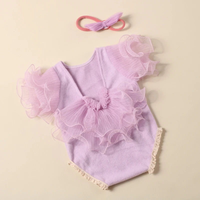 Ylsteed 2 Pieces Set Beige Newborn Photography Costume Lace Romper Bow Headband Set Baby Girl Photo Shooting Outfits