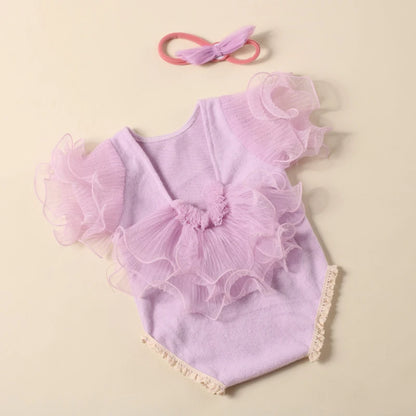 Ylsteed 2 Pieces Set Beige Newborn Photography Costume Lace Romper Bow Headband Set Baby Girl Photo Shooting Outfits