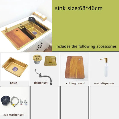 Gold Waterfall Faucet Kitchen Sink Nano Sink 304 Stainless Steel Golden Topmount Single Bowl Wash Basin 4 Function Kitchen Faucet