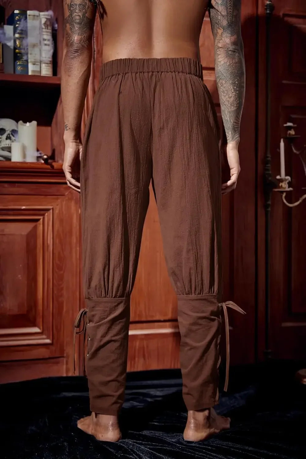 Mens Medieval Ankle Pants Renaissance Viking Pirate Lace Up Tapered Halloween Linen Costume Trousers Cargo Pants