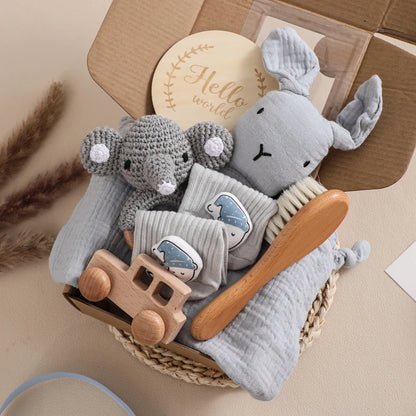 Newborn Baby Bath Set with Double Sided Cotton Blanket Face Saliva Towel Crochet Rattle Toy Wool Brush,Gift Box for Baby Shower