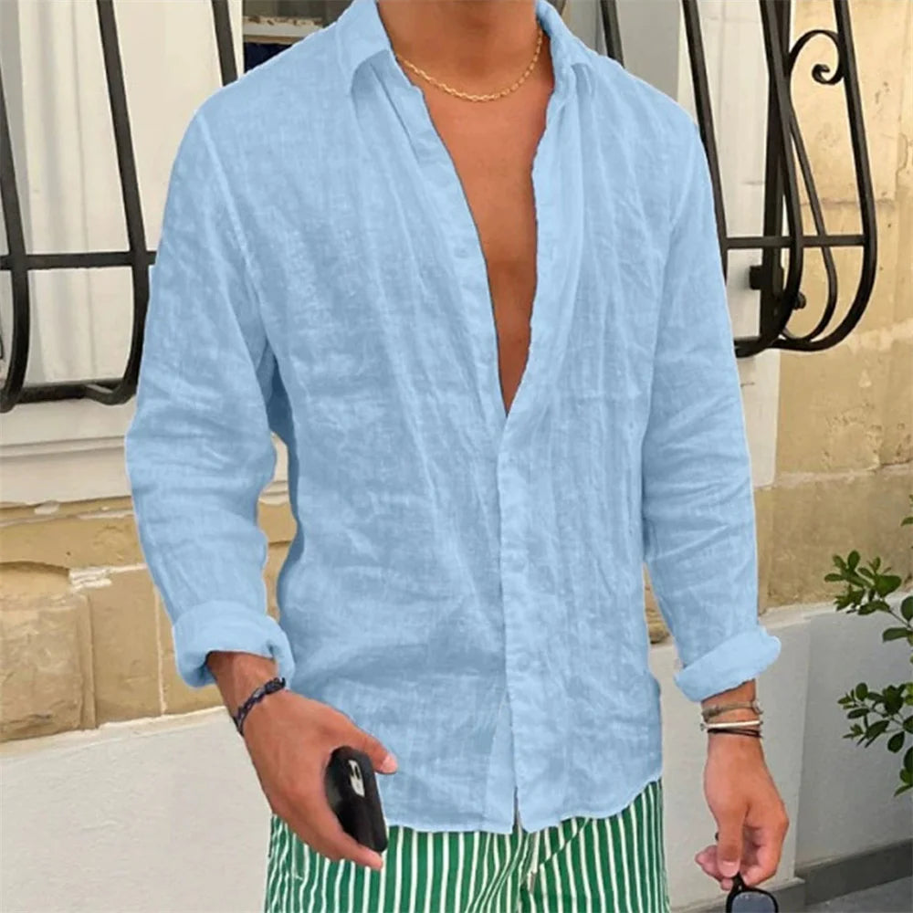 Spring Autumn Men's Cotton Linen Shirt Casual Long Sleeve Solid Color Slim Fit Lapel Basic Style Breathable Button Tops