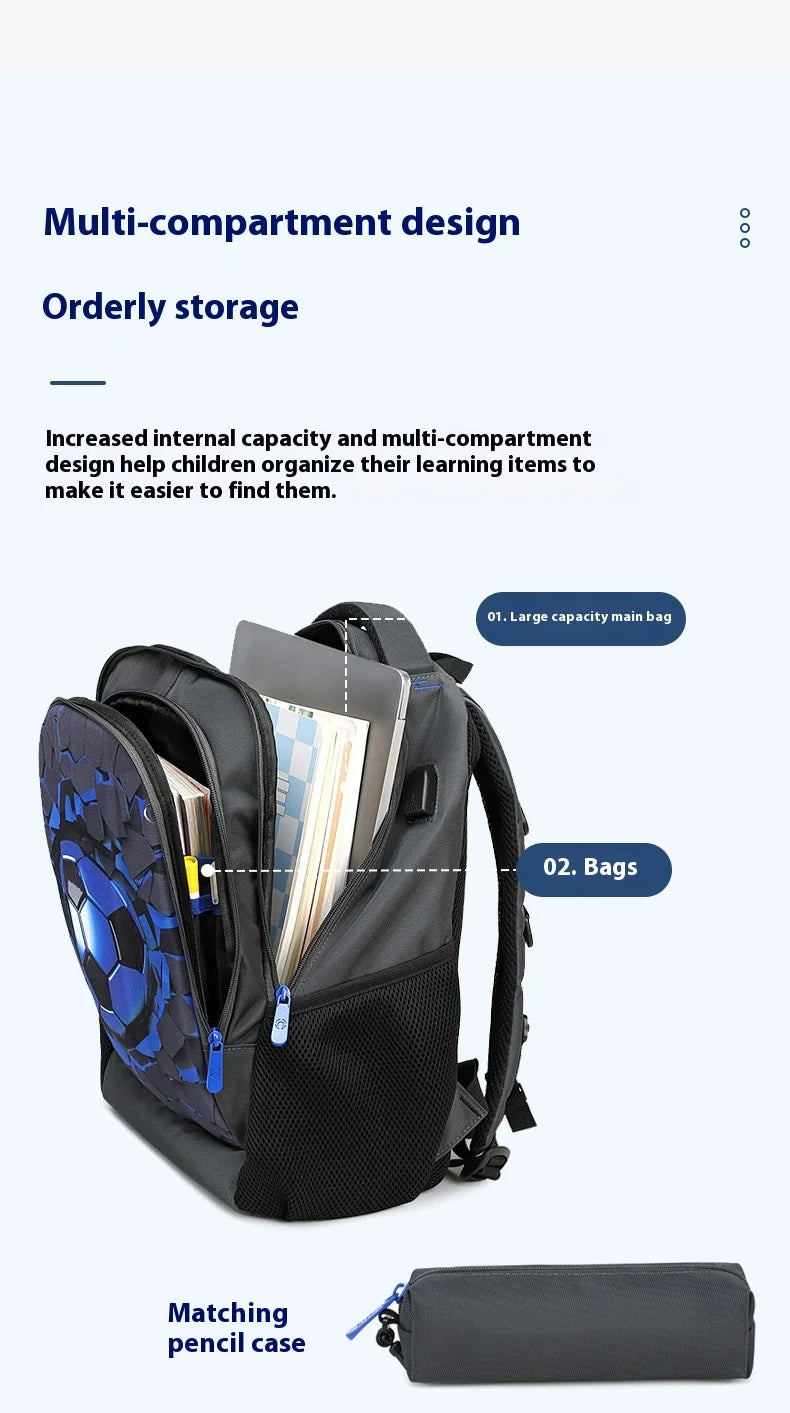 Boys Black Football Backpacks Hard Shell Orthopedic Middle School Student Book Bags USB Charge Multifunctional Bagpack