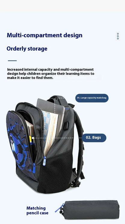 Boys Black Football Backpacks Hard Shell Orthopedic Middle School Student Book Bags USB Charge Multifunctional Bagpack