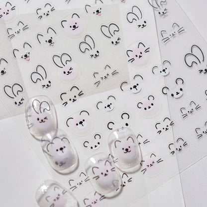Cute Animal Face 5D Nail Art Stickers Cartoon Cat Bunny Dog Mouse Kawaii Expressions Simple Self Adhesive Manicure Decal DIY