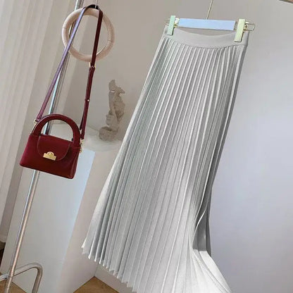 Women Summer Solid Pleated Satin Long Skirt Korean New Fashion Ladies Work Casual Elastic High Waist A Line Party Loose Skirts