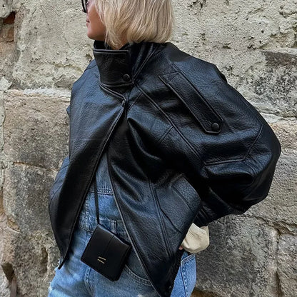 Women's Faux Leather Jacket 2025 New Fashion Autumn Black Long Sleeve Pebble Jacket Motorcycle Style Personality Ladies Jacket