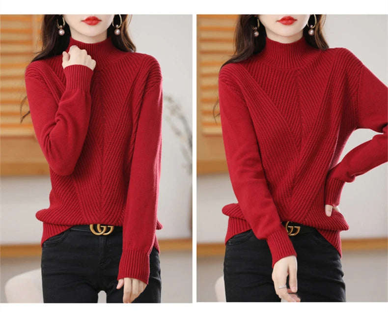 Women 100% Cotton Knit Sweater Half-high Collar Stripe Pullover Autumn Winter Thickened Bottoming Clothing Casual Knitted Tops