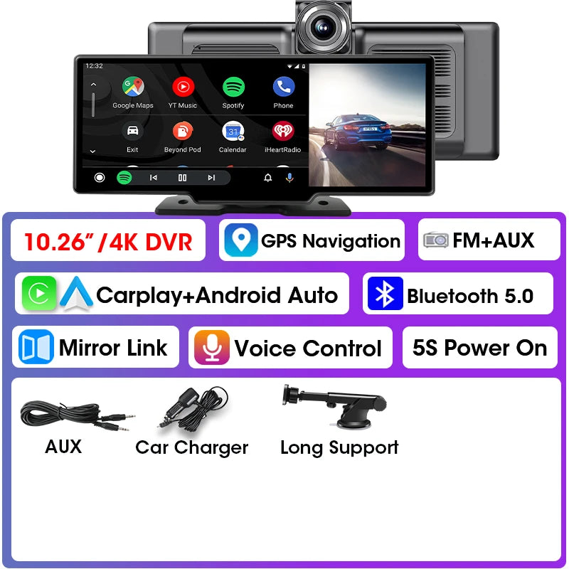 10.26 inch Car Play Screen,Wireless CarPlay & Android Auto Dash Cam Rear Camera Multimedia Stereo,AUX FM Radio,Car Touchscreen