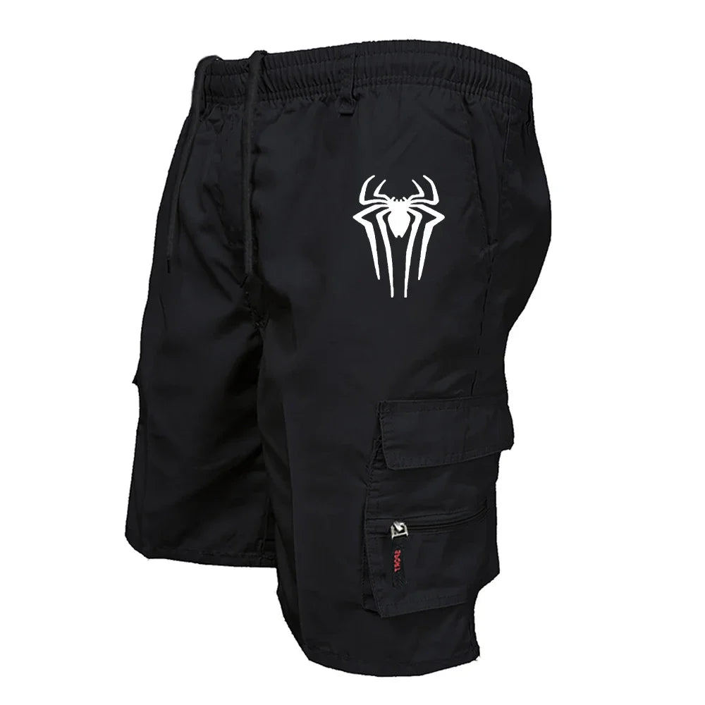 Men's Spider Print Cargo Shorts Male Outdoor Overalls Elastic Waist Cycling Shorts Multi-pockets Loose Work Beach Sports Shorts