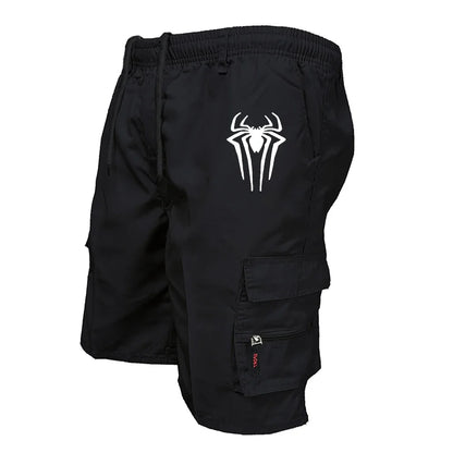 Men's Spider Print Cargo Shorts Male Outdoor Overalls Elastic Waist Cycling Shorts Multi-pockets Loose Work Beach Sports Shorts