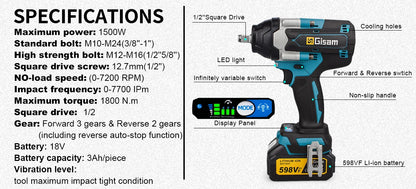 1800N.M Torque Brushless Electric Impact Wrench 1/2 inch Lithium-Ion Battery Cordless Wrench Tools For Makita 18V Battery Pin