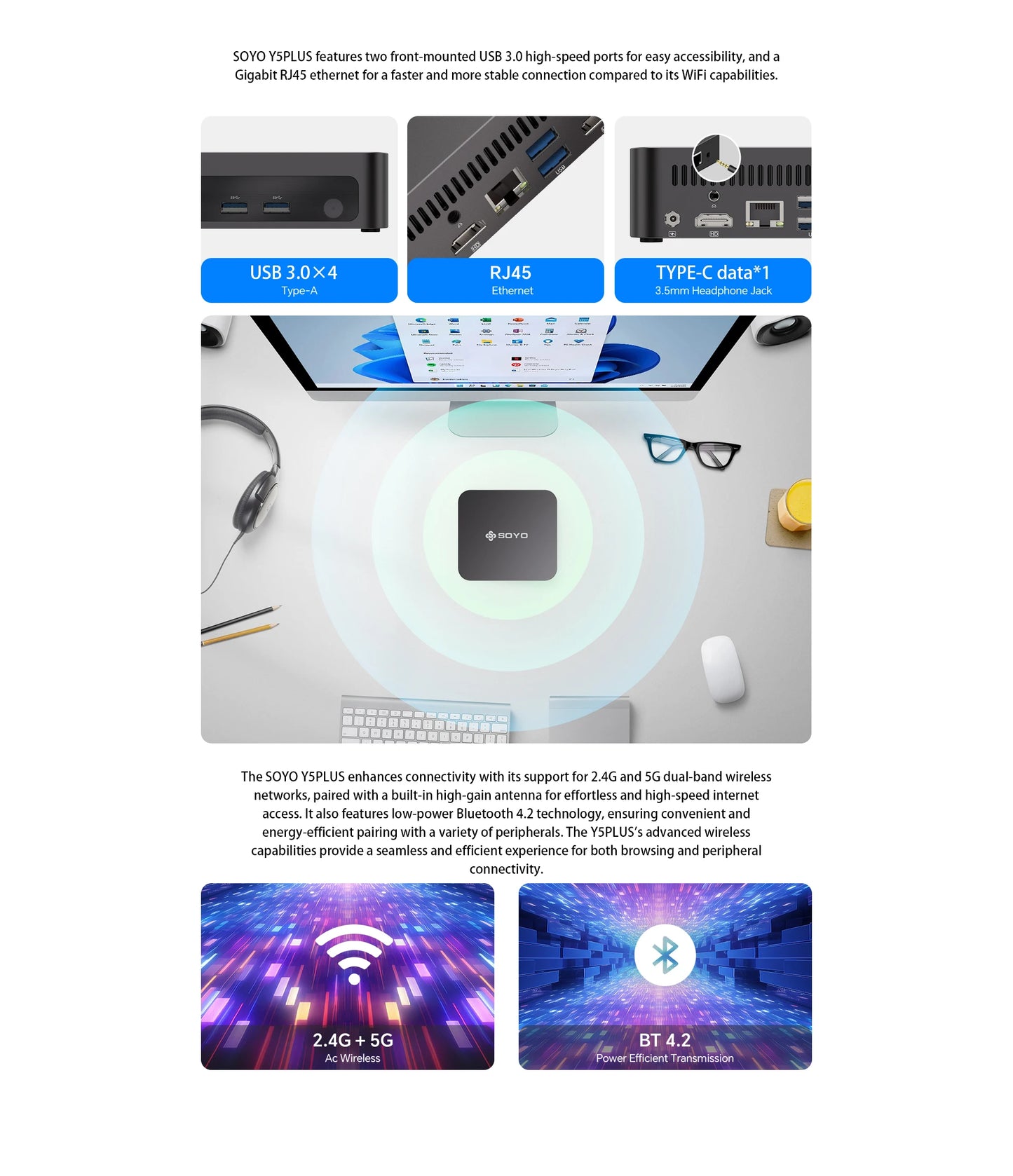 SOYO Y5 Plus Mini PC Intel Core i7 4th Gen CPU with Windows 11 Pro, 8GB RAM, 128GB M.2 SSD, Supports Dual 4K Displays via USB-C, Ideal for Office and Business