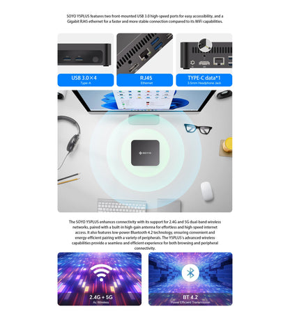 SOYO Y5 Plus Mini PC Intel Core i7 4th Gen CPU with Windows 11 Pro, 8GB RAM, 128GB M.2 SSD, Supports Dual 4K Displays via USB-C, Ideal for Office and Business