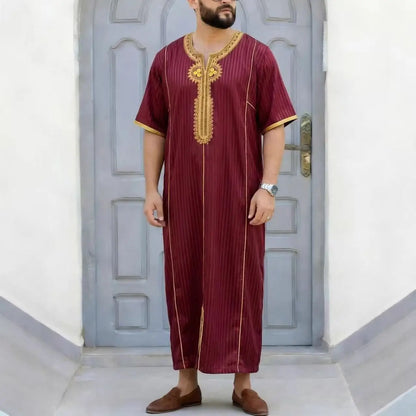 Muslim Men's Morocco Gandoura Thobe Loose Short Sleeves Gorgeous Embroidery Comfortable Islamic Men's Traditional Clothing Party