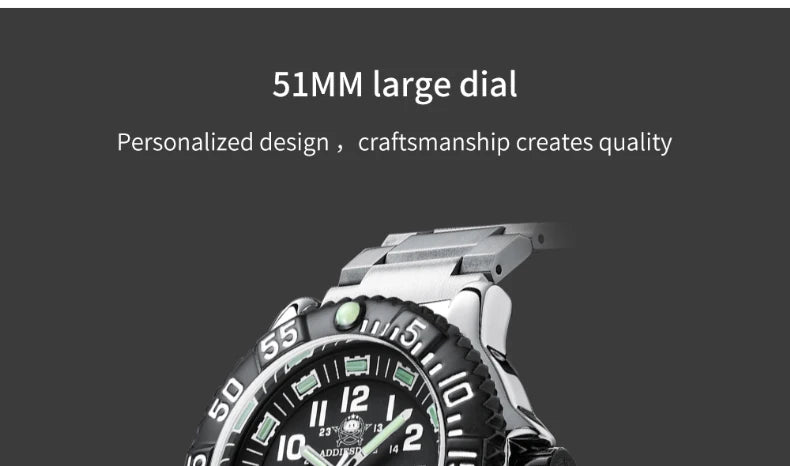 Addies Dive Men Fashion Casual Watch Calendar Display 50m Waterproof Tube Luminous Watch Black Dial Rotating Bezel Quartz Watch