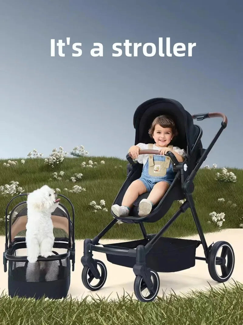 Portable pet stroller, dual-mode stroller that can carry both pets and babies at the same time, multifunctional and foldable,  pet carrier