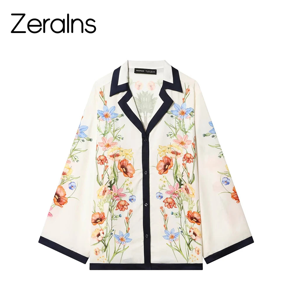 ZERAINS Casual style single row multi button lapel long sleeved contrasting printed shirt and printed pants set