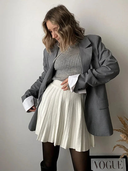 Autumn Knit White Mini Pleated Skirts For Women A Line Skirt Gray High Waist Women Knitted Pleated Short Skirts Korean Fashion