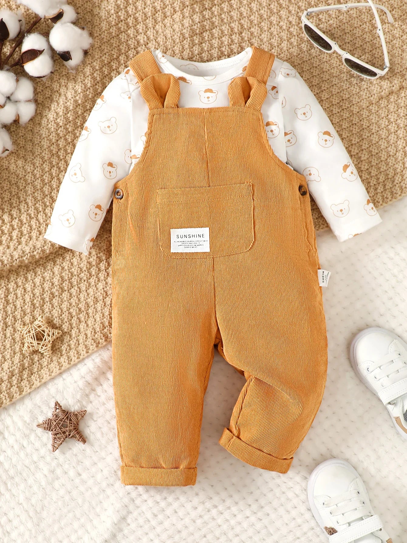 3-24 Months Toddler Baby Boy 2PCS Clothing Set Bear Print Bodysuit with Green Overall Fashion Cute Autumn and Winter Costumes