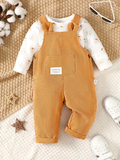 3-24 Months Toddler Baby Boy 2PCS Clothing Set Bear Print Bodysuit with Green Overall Fashion Cute Autumn and Winter Costumes