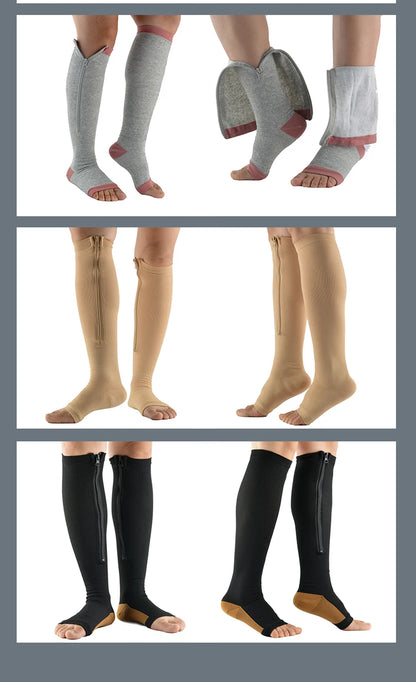 Compression Socks Men Women Support Knee Zipper Female Open Toe Thin Anti Fatigue Stretchy Sox High Socks Unisex
