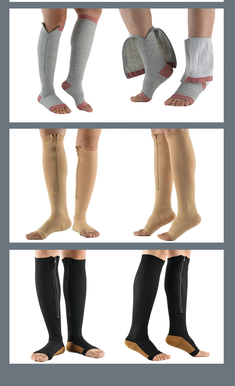Compression Socks Men Women Support Knee Zipper Female Open Toe Thin Anti Fatigue Stretchy Sox High Socks Unisex