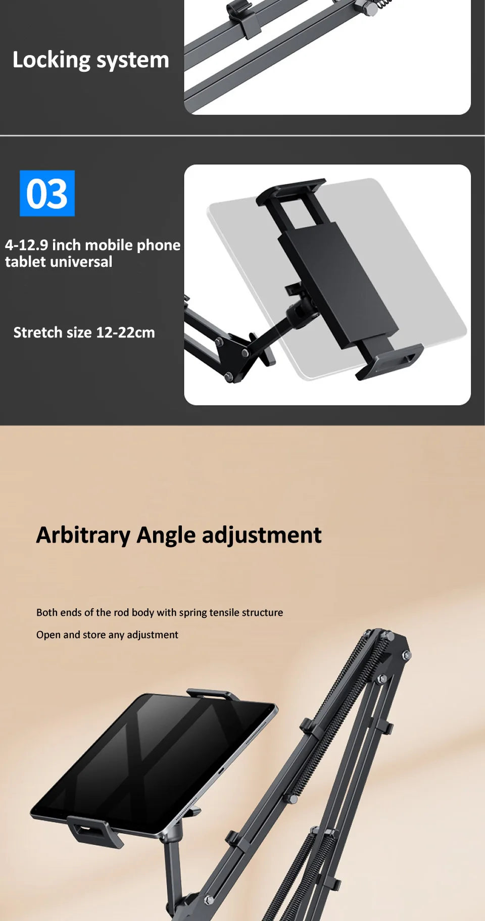 360Degree Bed Tablet Stand for 4-12.9inches Mobile Phones Tablets Lazy Arm Bed Desk Tablet Mount Support for iPad Mini Free Clip