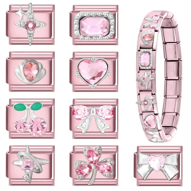 2025 New Women Romantic Pink Cherry Heart Shiny CZ Italian Charm Links Fit 9mm Bracelet Stainless Steel DIY Making Jewelry Gifts