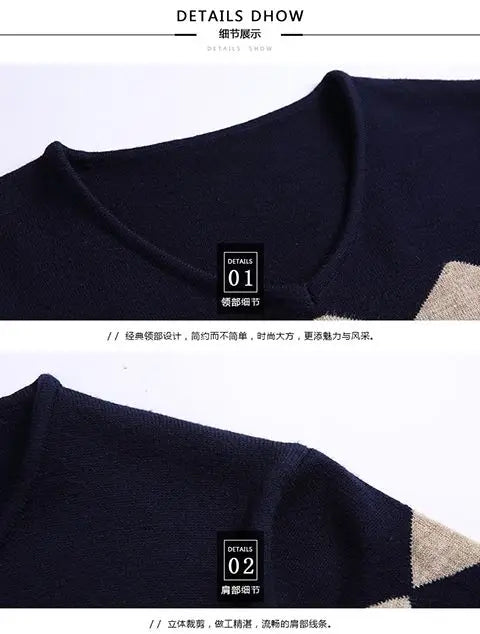 Autumn Winter New Men V-neck Pullover Sweaters Plaid Casual Korean Clothing Tees Fashion Slim Long Sleeve Bottoming Knitted Tops