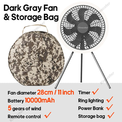 KINSCOTER 10000mAh Outdoor Camping Fan, 11inch Large Ceiling Fan with LED Lighting, Multifunction Air Circulator Cooler Fan