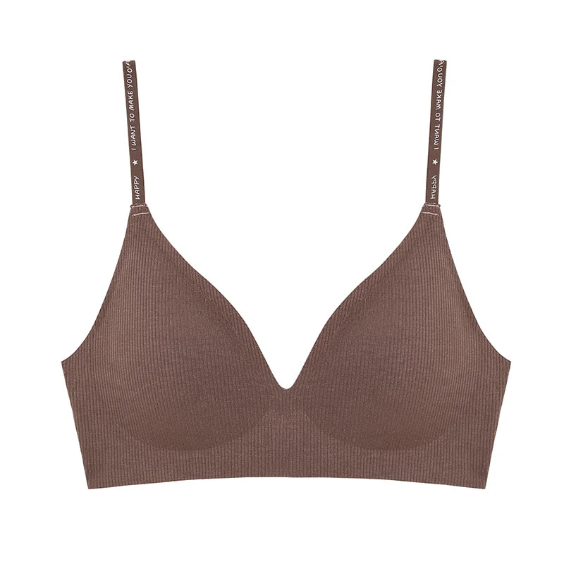 FINETOO Women Wireless Bra Deep V Padded Bralette S-XL Trendy Stripe Knitting Bras Sexy Ladies Brassiere Solid Underwear 6 Color