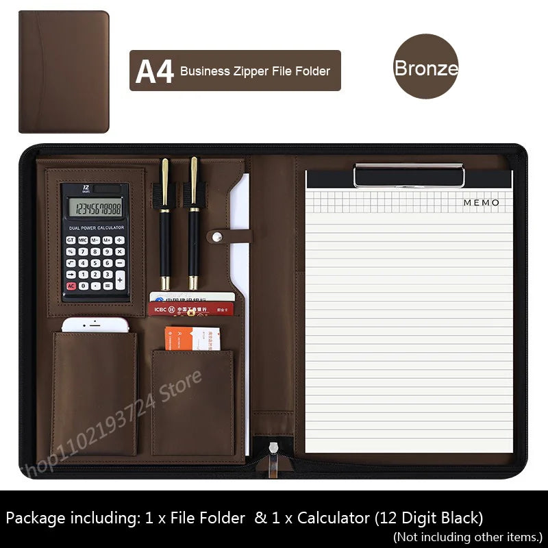 Executive Business A4 Leather Portfolio Folder Clipboard for Zippered Desk Organizer Document Briefcase Calculator for Office