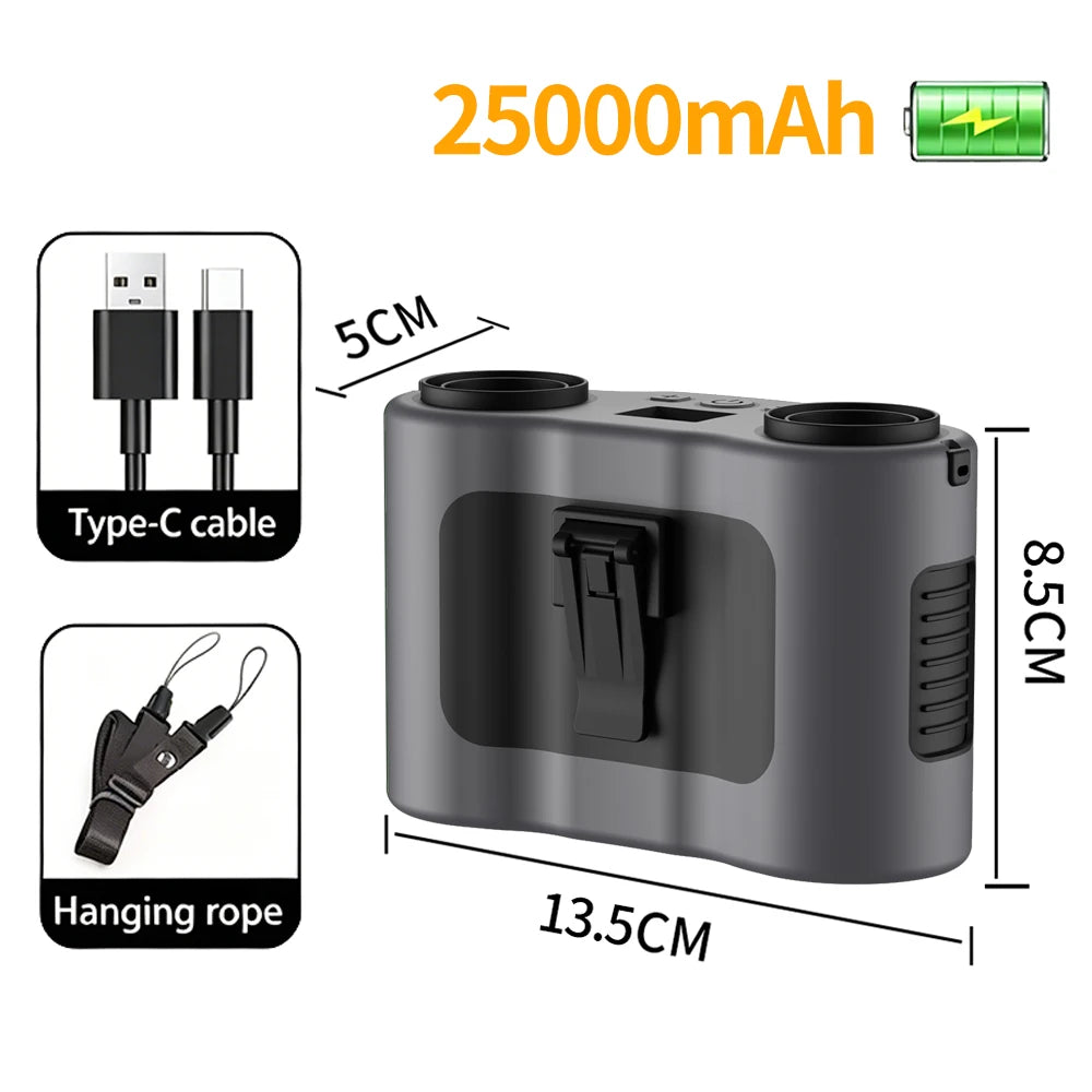 25000mAh Outdoor Waist Clip Fan Handheld Hanging Neck Fan 5-Speed Strong Wind Dual Air Vents USB Rechargeable Power Bank