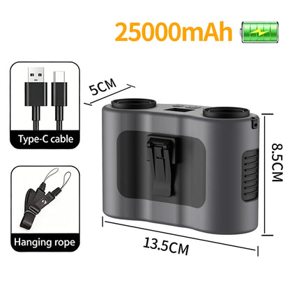 25000mAh Outdoor Waist Clip Fan Handheld Hanging Neck Fan 5-Speed Strong Wind Dual Air Vents USB Rechargeable Power Bank