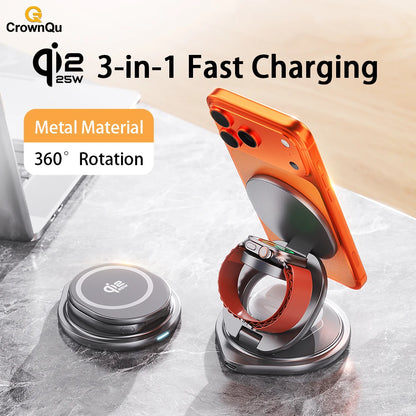 Protable 25W Metal Wireless Charger Qi2.2 Fast Charging Station Stand 360° Rotation for iPhone 17 16 15 14 Pro Max Watch Airpods