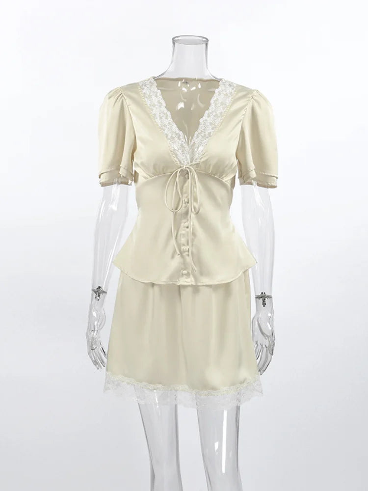 Elegant Satin Lace Patchwork Skirt Two-piece Set V Neck Short Sleeve Lace Up Tops Mini Skirts Suit 2026 New Party Daily Outfits