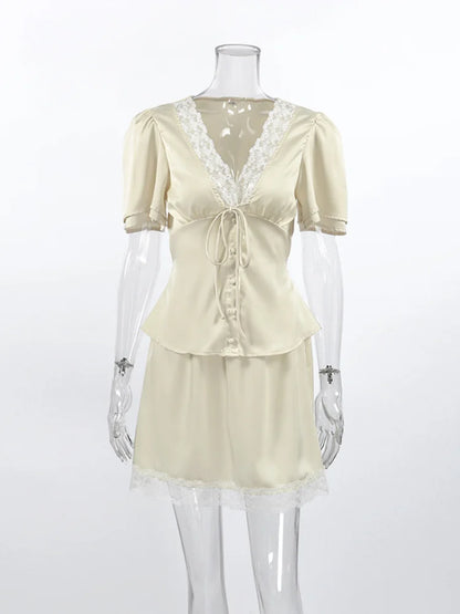 Elegant Satin Lace Patchwork Skirt Two-piece Set V Neck Short Sleeve Lace Up Tops Mini Skirts Suit 2026 New Party Daily Outfits