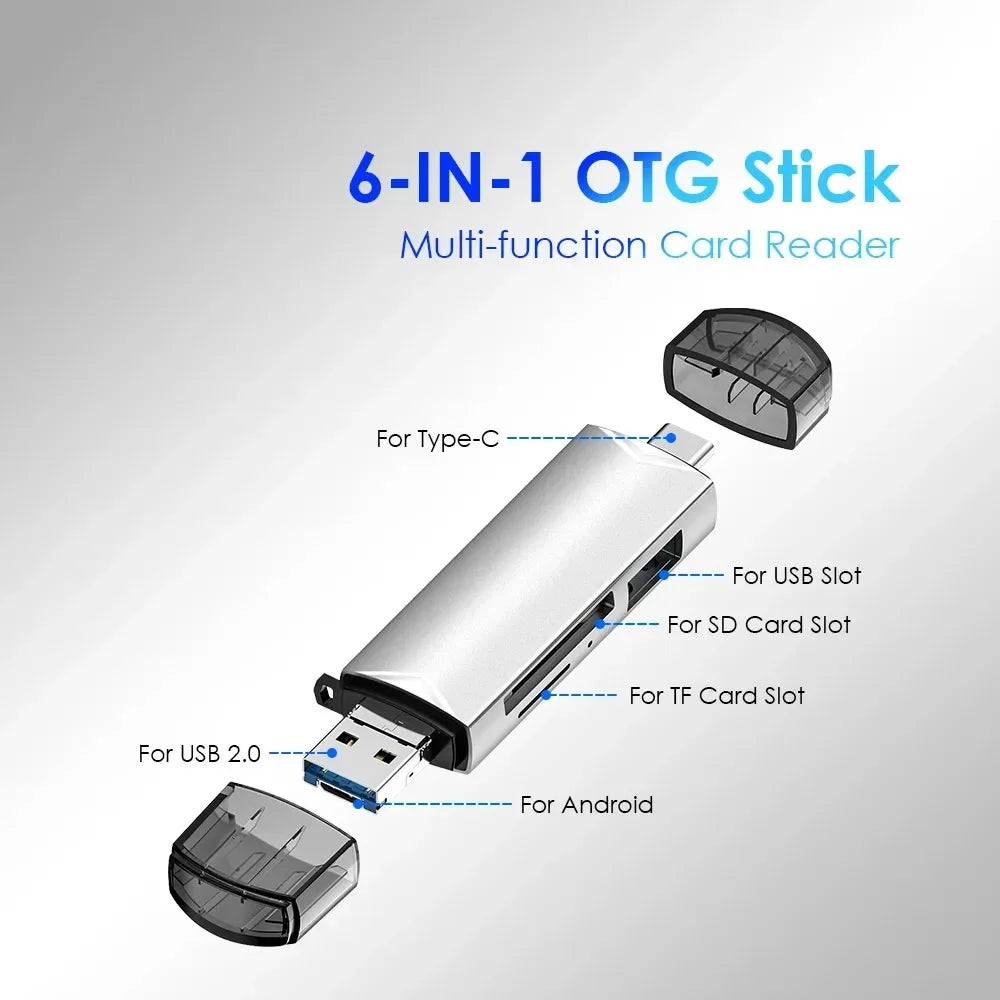6-in-1 USB 3.0 & Type-C Card Reader OTG – Multi-function SD/TF/Micro SD Card Adapter with USB 3.0 Port, High Speed Data Transfer