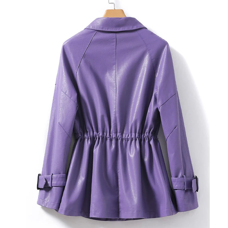 M-4XL Women's Sheepskin Coat Fashion Khaki Zipper Elastic Waist Female Long Sleeve Casual Loose Split Leather Jackets 2024 New
