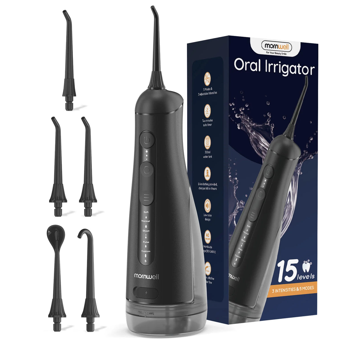 Portable Oral Irrigator with 5 Jet Tips , 5 Cleaning Modes of 3 water pressure , 300ml Water Tank IPX7 Waterproof Water Flosser