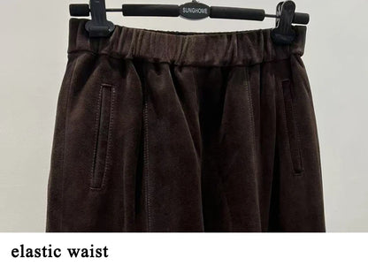 Retro Suede Leather Cropped Pants for Women Femae Genuine Leather Wide Leg Floor Long Trousers Straight Cylinder Spodnie Damskie