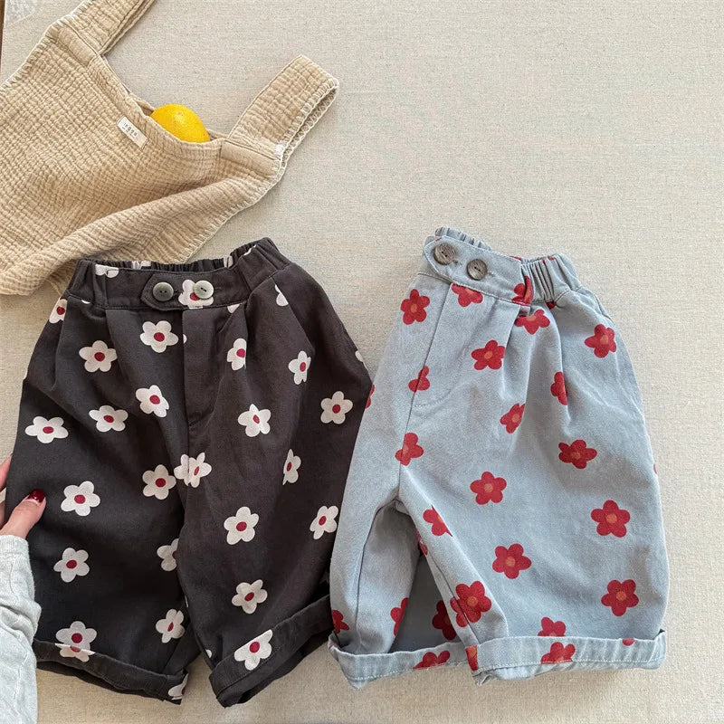 Spring/Summer Calf Length Pants for Girls Floral Print Anti-mosquito Breeches Korean Kid's Loose 7 Point Pants Childrens Clothes