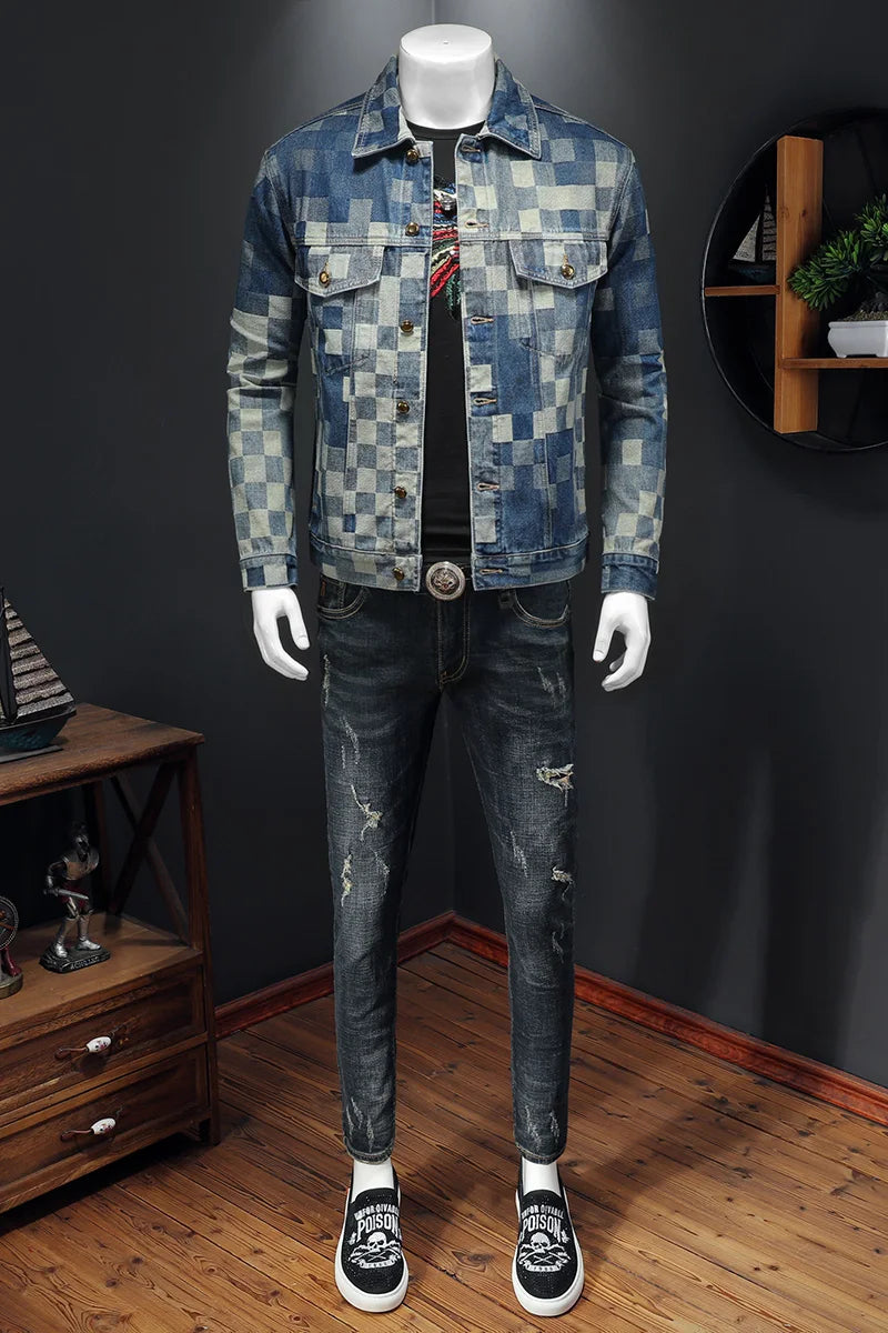 2025 Autumn Vintage Checkered Denim Jacket for Men Flip Collar Single Breasted Casual Business Jacket Social Street Wear Jeans