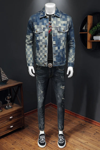 2025 Autumn Vintage Checkered Denim Jacket for Men Flip Collar Single Breasted Casual Business Jacket Social Street Wear Jeans