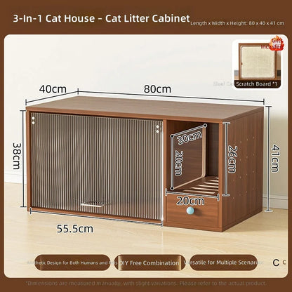 Triple-Function Cat House with Litter Box & Storage,Human-Pet Shared Furniture,Cat Tree Hut, Indoor Cat Den,Multi-Level Cat Fort