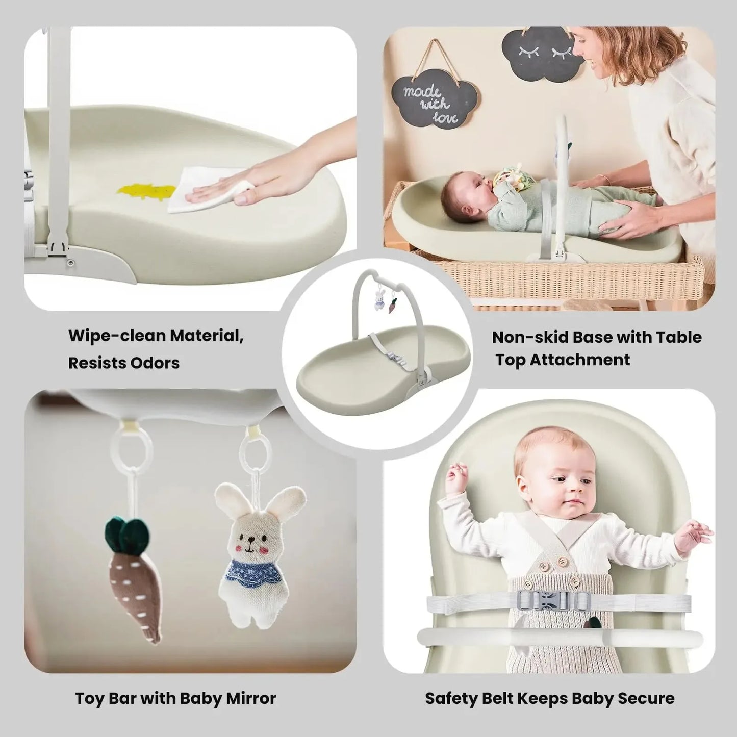 Wipe Clean Baby Changing Mat, Waterproof Non-slip Diaper Changing Pad with Detachable Safety Seat Belt, Sturdy Durable Changing Mat for Dresser, Bed, Home Indoor Newborn Infant Diaper Changing Use
