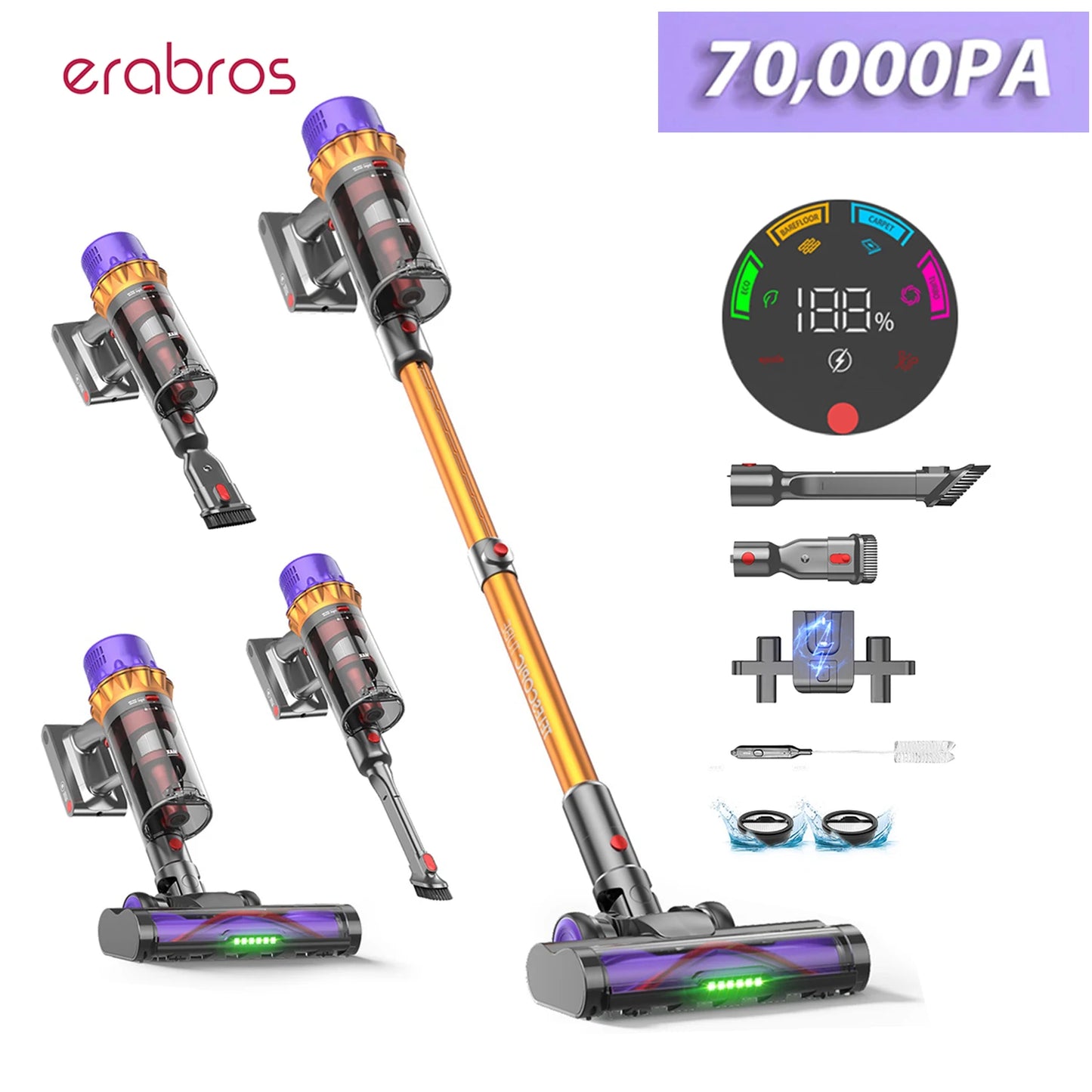 Erabros EV5 550W Cordless Vacuum Cleaner,70kPa Suction,80Mins Battery,LED Display,1.5L Dust Bin,Handheld Vacuum for Home Pet Car